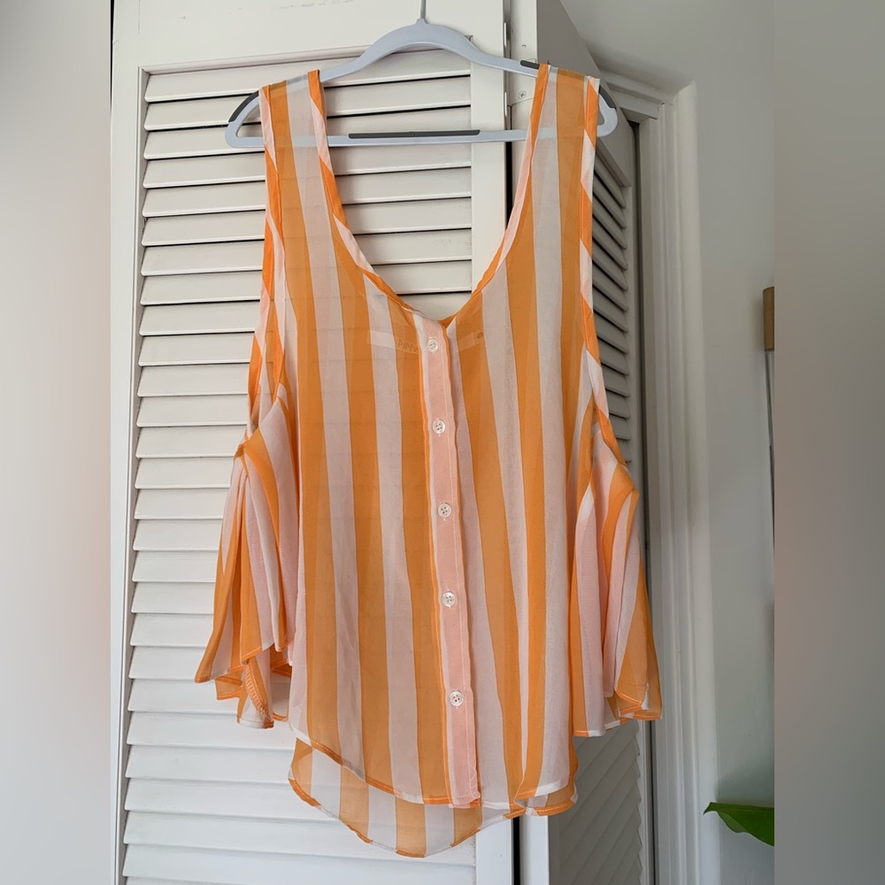 Sheer orange and white striped button up top
